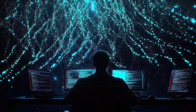 A man is sitting in front of a computer with three monitors