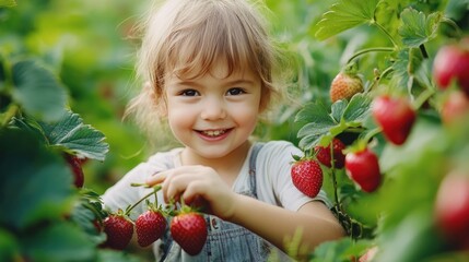 Child picking strawberries in a lush garden, with bright red strawberries visible on the plants and a joyful expression on the child's face
