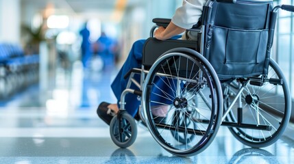 Obraz premium Elderly woman in wheelchair waiting in hospital corridor, reflecting health care challenges