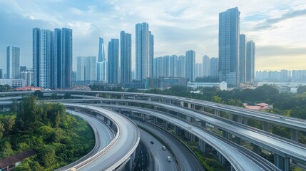 Obraz premium City infrastructure construction showing new bridges and roads being developed alongside high-rise buildings
