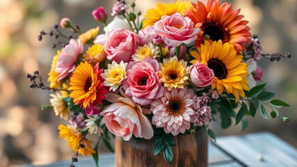 Obraz premium A delicate, vibrant bouquet of mixed flowers with varying hues of pink, yellow, and orange, arranged in a