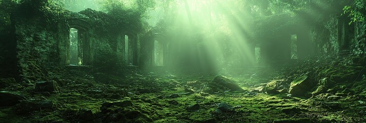 Mysterious ruins overgrown with lush vegetation, bathed in soft, ethereal light.