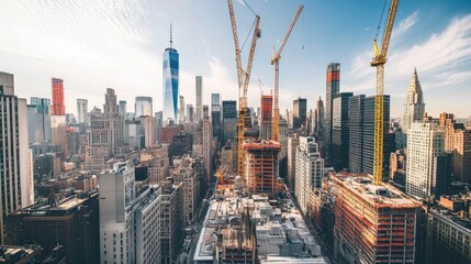 Fototapeta premium City skyline construction with towering cranes and new buildings emerging among older architecture, wide-angle view