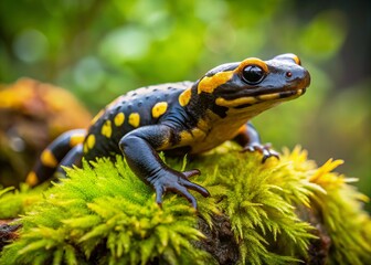 Obraz premium A vibrant yellow-spotted salamander perches on a moss-covered rock, its slender body and delicate legs frozen in