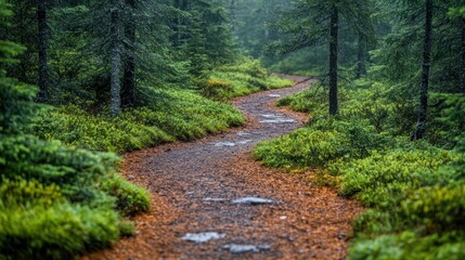 Fototapeta premium A serene forest path lined with greenery and fallen leaves.