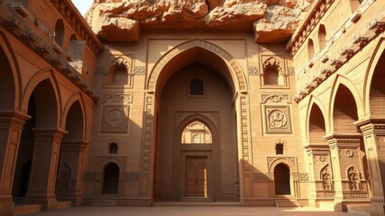 A majestic ancient structure emerges from the earth, its rugged sandstone brick fa&ccedil;ade weathered to a warm honey