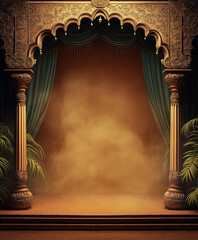 Photo backdrop with golden arch  studio photo shoot