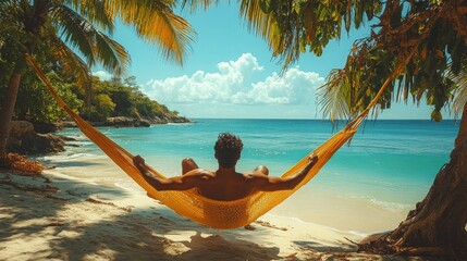 A Peaceful Scene of a Man Relaxing in a Hammock by the Beach, Perfect for Travel and Lifestyle Promotions