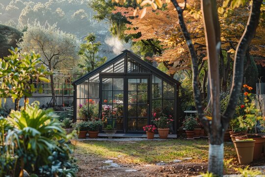 Sunny day view of a small glass greenhouse surrounded by flower pots and trees in the garden. High-definition photography capturing the vibrant and lush setting.