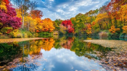 Colorful fall foliage surrounding a serene lake reflecting the colors