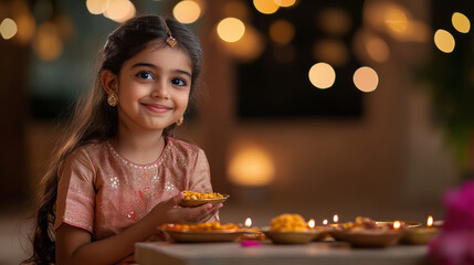 happy indian girl celebrating diwali festival at home