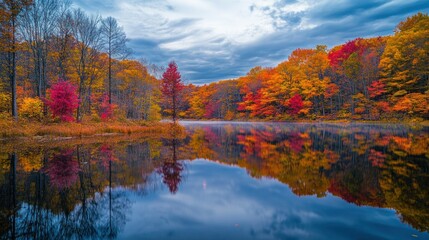 Fototapeta premium Colorful fall foliage surrounding a serene lake reflecting the colors