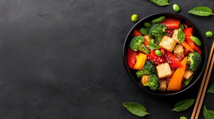 A colorful stir-fry with tofu, bell peppers, and broccoli, garnished with sesame seeds