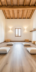 Fototapeta premium Minimalist rustic meditation a room with cushions, minimal wood furniture and a large window filling the space with natural lighting. Calming residential interiors in beige tones