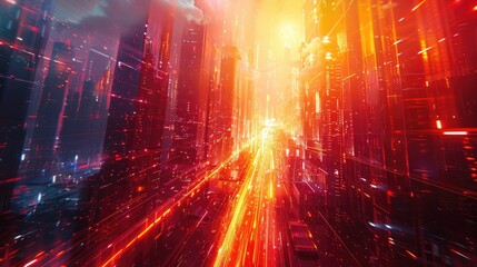 Obraz premium A visually striking futuristic cityscape with towering neon lit skyscrapers illuminated traffic and a dynamic digital landscape
