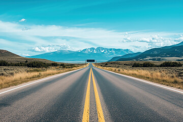 Fototapeta premium Straight road leading into the horizon with mountains in the distance under a clear blue sky