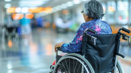 Obraz premium Elderly woman in wheelchair awaiting care in hospital corridor, depicting patient experience