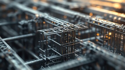 Obraz premium Construction engineering detail showing close-up views of steel reinforcement, concrete pouring, and structural elements being assembled