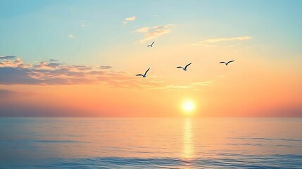 Four seagulls soaring over a calm ocean during sunrise, with a serene sky painted in soft pastel hues of blue and orange.