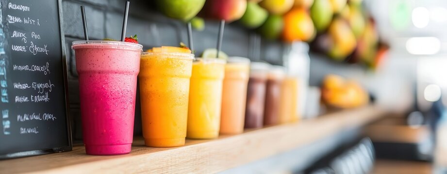 A vegan smoothie shop with chalkboard menus and fresh fruit hanging from the ceiling