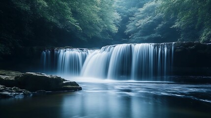 Fototapeta premium A serene waterfall cascading into a calm pool, surrounded by dense green forest, creating a peaceful and natural atmosphere.