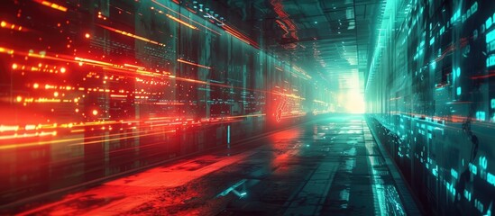Futuristic glowing city tunnel with neon lights digital motion and high tech architecture  Abstract urban environment with a modern tech infused atmosphere and a sense of movement and energy