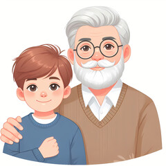 Illustration of a Happy Grandfather with Glasses and His Young Grandson Smiling Together
