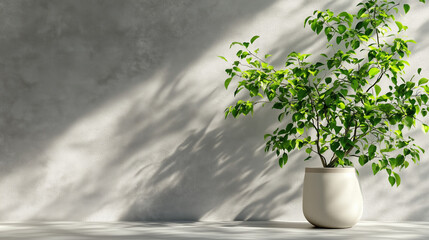 Serene Minimalist Greenery: A single potted plant with lush green leaves stands against a muted concrete wall, bathed in soft sunlight, creating a calming and minimalist aesthetic.  