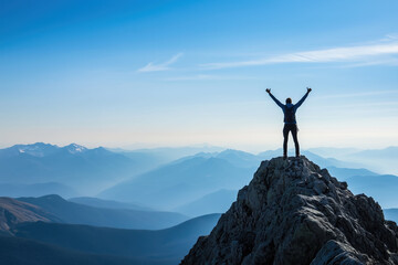 A person celebrates triumphantly atop a mountain peak with stunning views of surrounding valleys and distant mountains during a clear day
