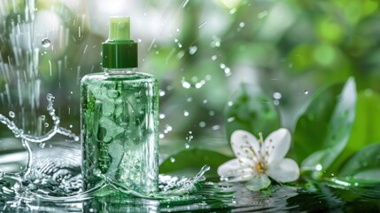 A bottle of green beauty product sits in a pool of water with a splash of water behind it.&nbsp;Green foliage surrounds the bottle and there is a white flower floating on the water
