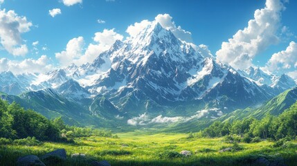 Obraz premium Majestic mountain landscape with lush greenery and clear skies.