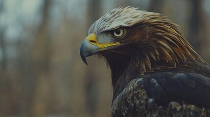 Fototapeta premium Eagle portrait, capturing the majestic features of the bird, with its sharp beak and intense gaze, set against a blurred wilderness