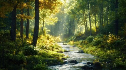 Fototapeta premium Early autumn scenery, capturing the first signs of fall with a blend of green and turning leaves, a gentle stream, and soft sunlight filtering through the trees