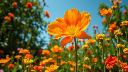 Obraz premium Vibrant orange-yellow blooms with delicate, intricate petals and prominent stamens unfurl on slender, green stems