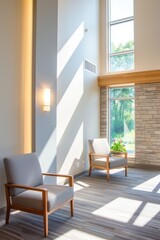 Sunlit relaxation area with modern chairs and serene greenery in a bright space