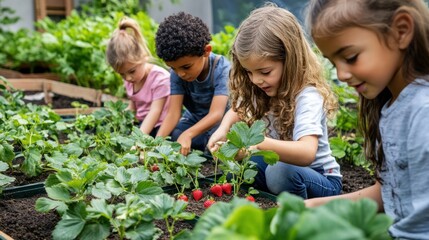 Educational farming activity for children, showing a group of kids learning to plant, water, and harvest strawberries in a community garden