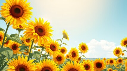 Obraz premium Vibrant yellow sunflowers with dark centers and delicate petals stand tall against a soft, blue-tinged background,