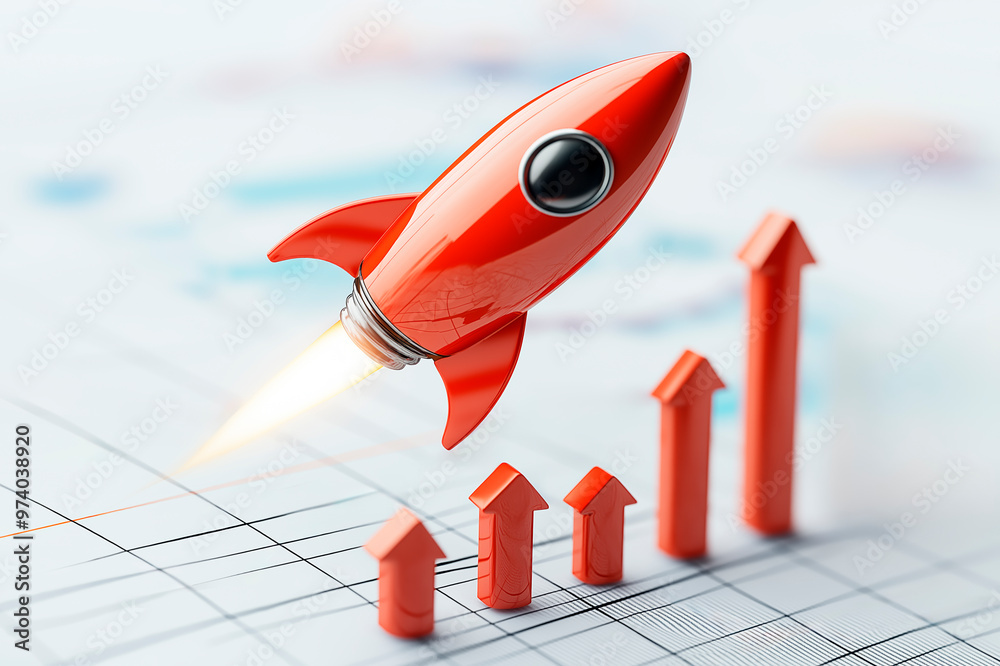 Poster red rocket launching amid upward arrows on a chart background, symbolizing business growth and succe