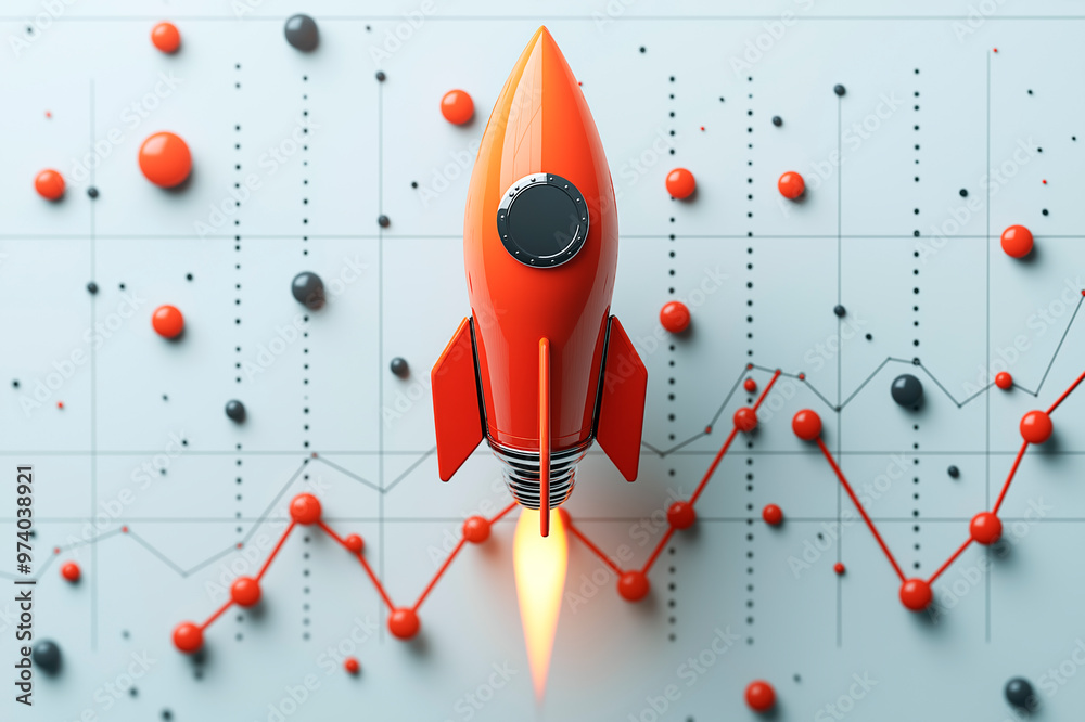 Poster Red rocket launching against a background of a chart with data points.