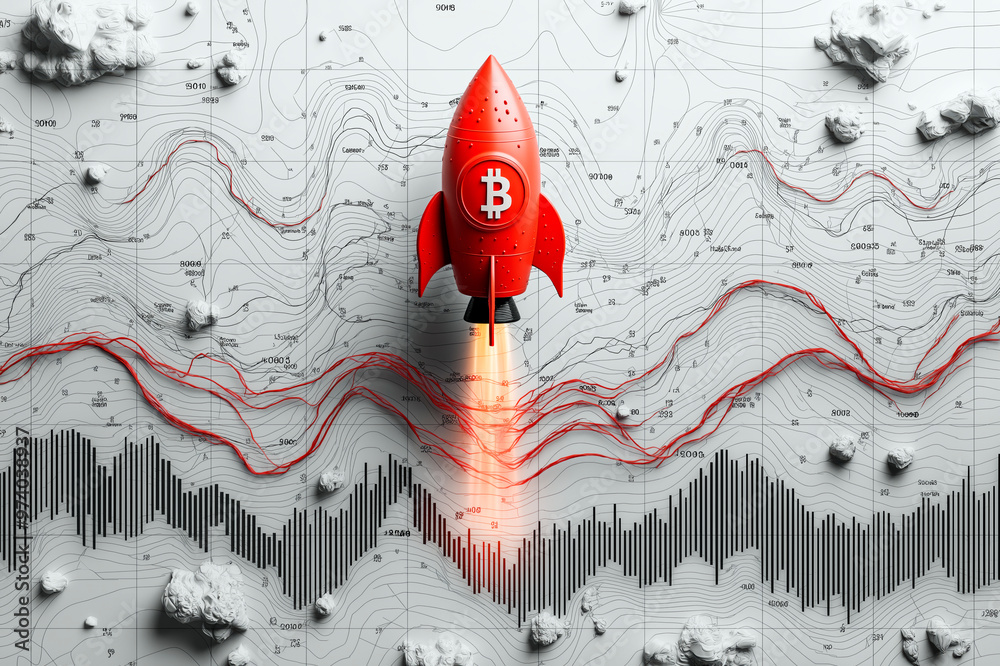 Poster Red rocket with Bitcoin symbol launching on a topographic map background, representing Bitcoin's rise. Ai generative.