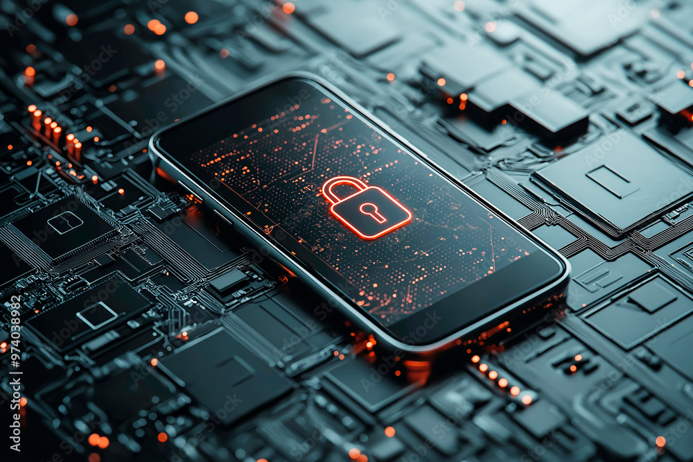Aufkleber Smartphone displaying a padlock symbol on a circuit board background, symbolizing cybersecurity. Ai generative.