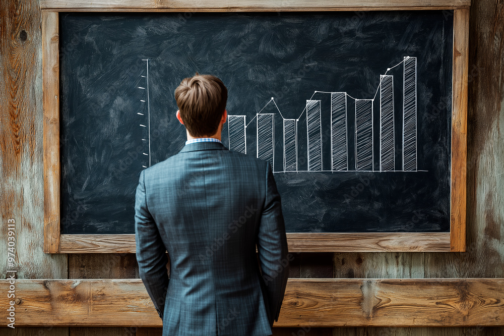 Poster Businessman viewing a bar chart drawn on a chalkboard in a rustic setting. Ai generative.