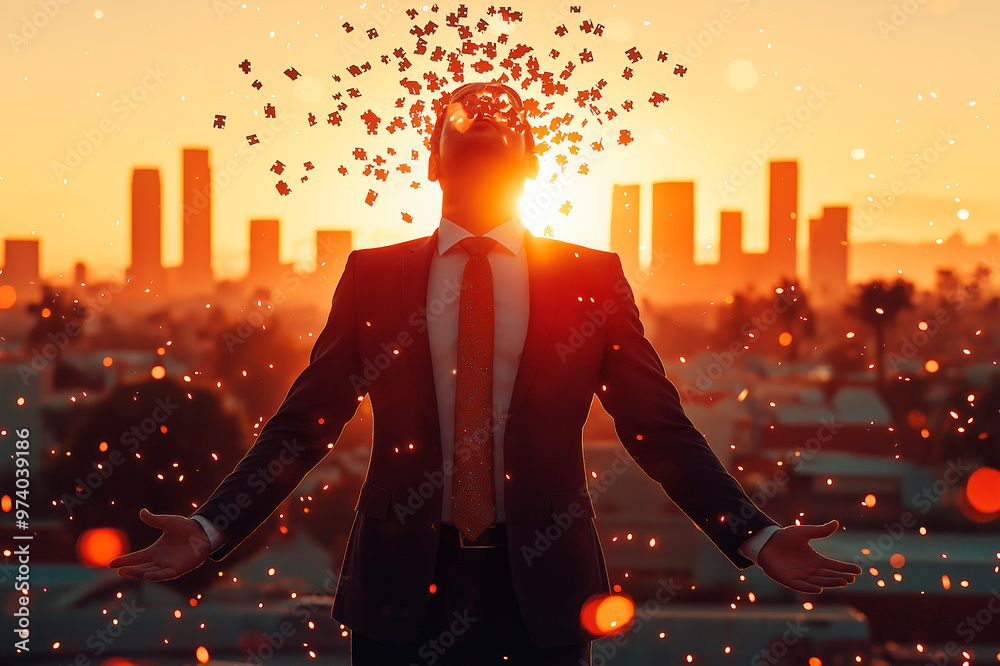 Poster man in suit with puzzle pieces flying from head, standing with arms open against cityscape at sunset