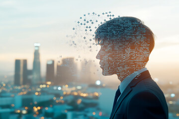 Digital silhouette of a person with a cityscape background at dusk, symbolizing technology and human connection.