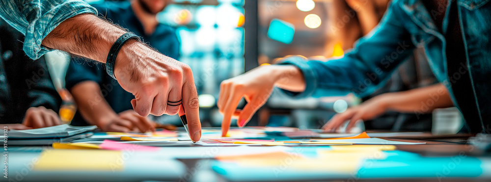 Poster collaborative brainstorming session with diverse businesspeople pointing at sticky notes on a table,
