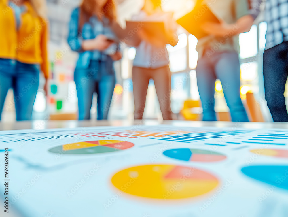 Poster group of businesspeople brainstorming with colorful charts on the table in a modern office.