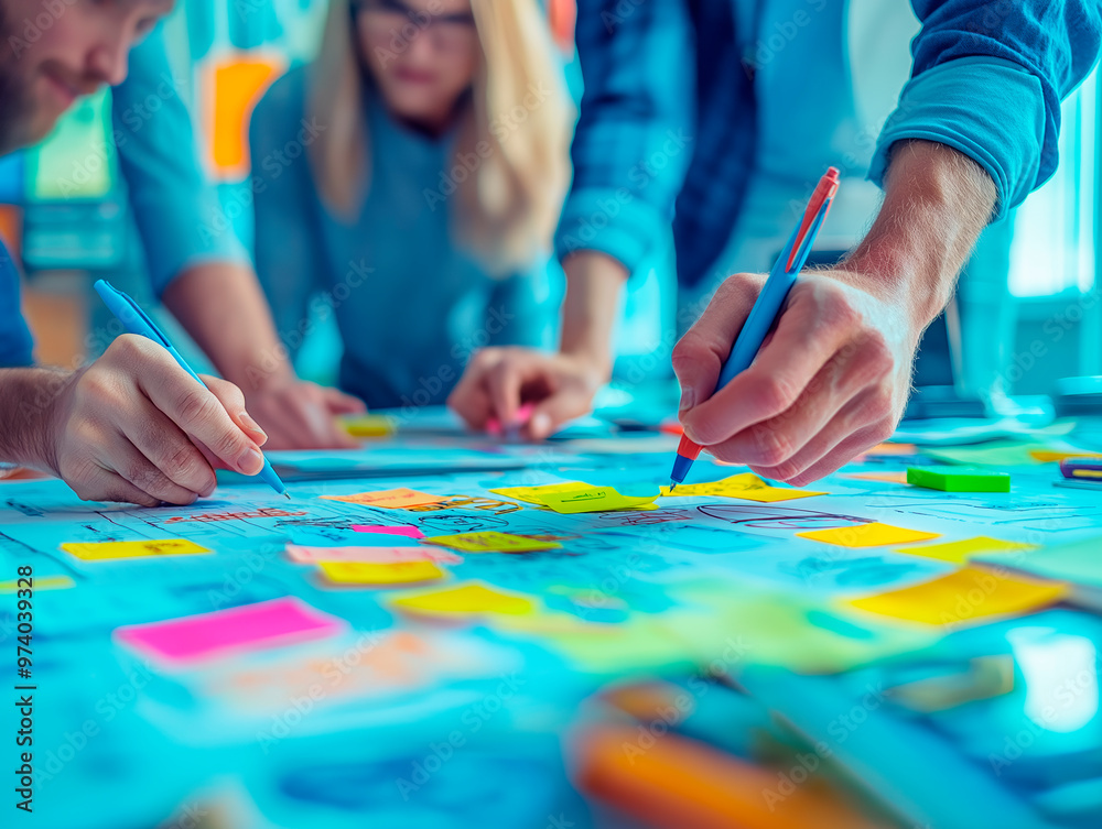 Poster business team brainstorming ideas with colorful sticky notes on a table.