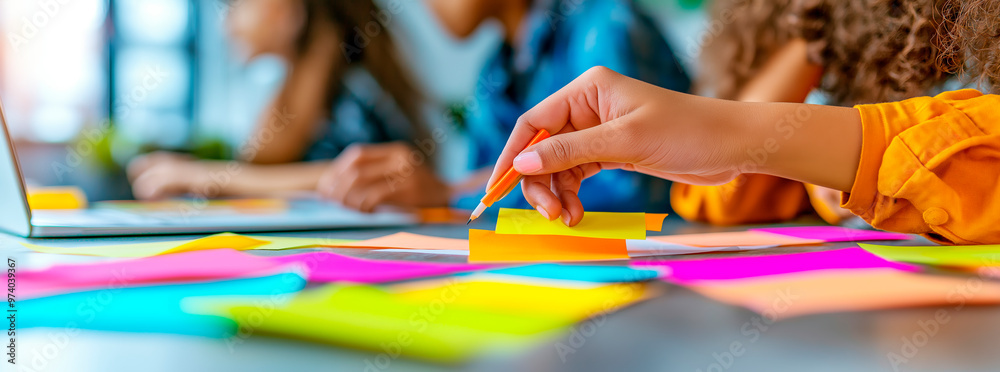 Poster Team collaborating with colorful sticky notes in a bright office setting.