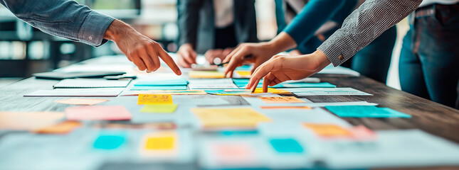 Business team brainstorming with sticky notes on a table during a meeting.