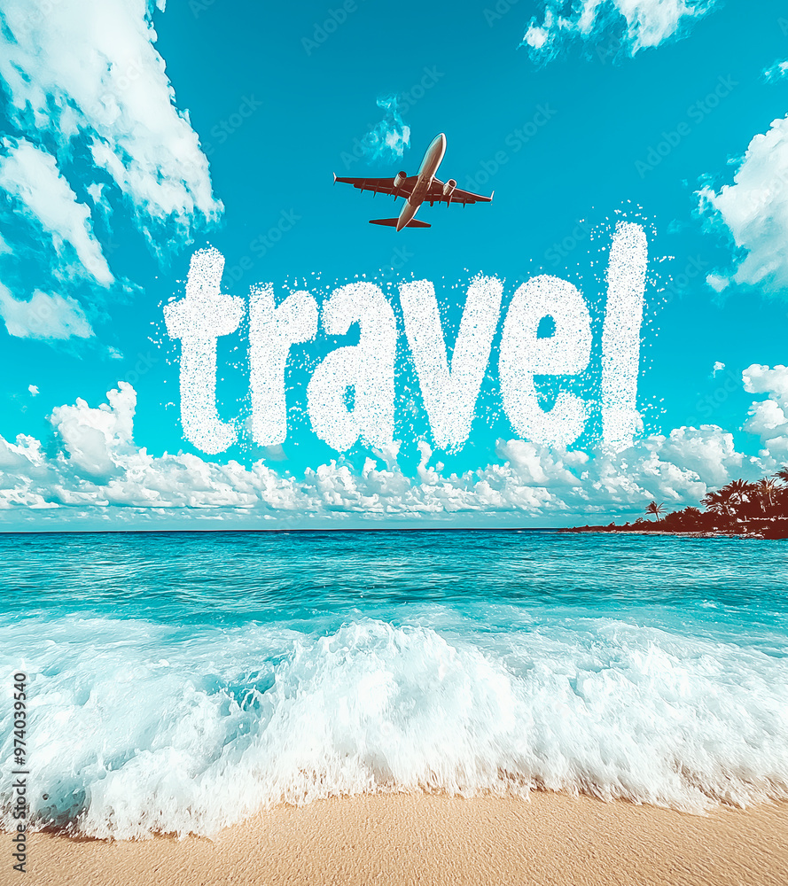 Poster airplane flying over a beach with the word travel in cloud-like text in the sky.